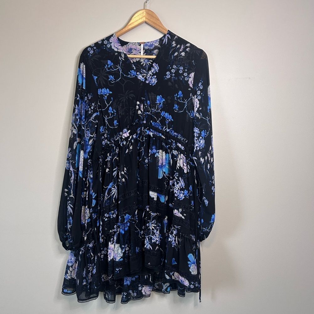 Free People Black Cherry Blossom Chiffon Cottagecore Mini Dress Size Small - Picture 3 of 8